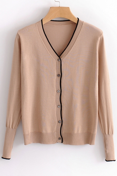 V Neck Long Sleeve Buttons Down Contrast Trim Cardigan