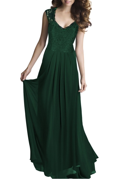 

Women' Fashion Lace Insert V-Neck Sleeveless Maxi Elegant Plain Dress, Black;blue;green;red, LC470790