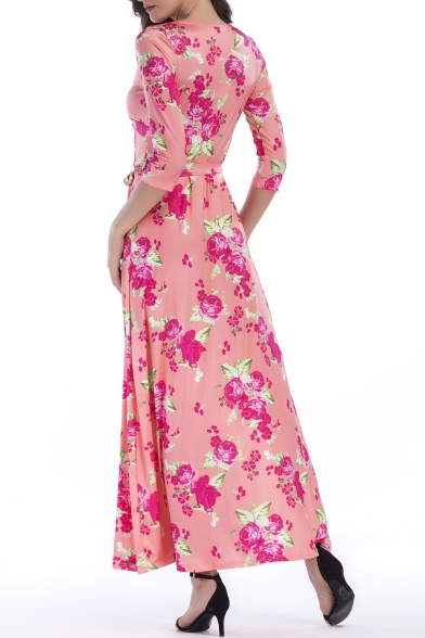 3/4 Length Sleeve V Neck Floral Printed Bow Tied Waist Maxi A-Line Dress