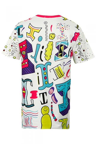 Abstract Letter Print Round Neck Short Sleeves Summer T-shirt