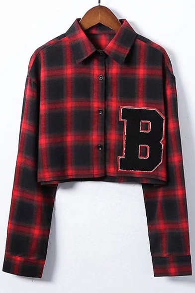 B Letter Applique Lapel Collar Plaid Printed Long Sleeve Crop Shirt