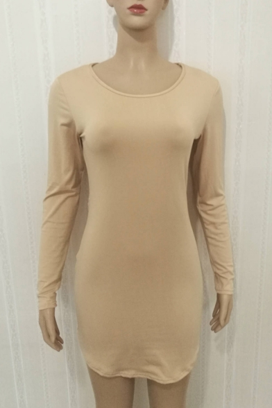 Basic Simple Plain Round Neck Long Sleeve Mini Bodycon Dress