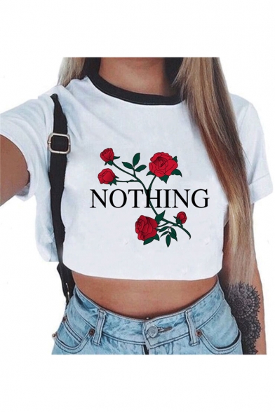 Contrast Round Neck Letter Rose Printed Short Sleeve Cropped Tee