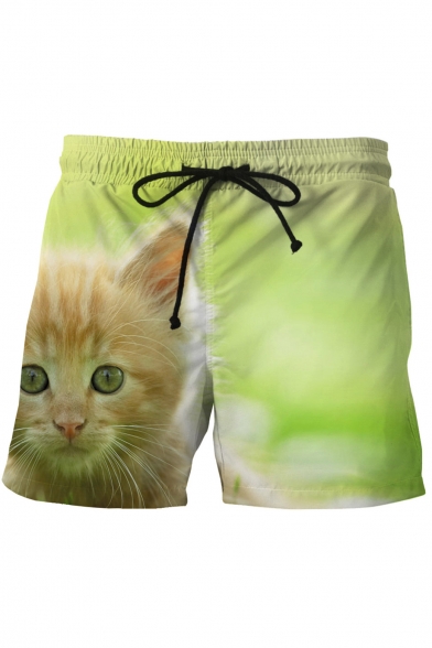 Cute Kitty Cat Print Drawstring Waist Leisure Casual Sports Shorts