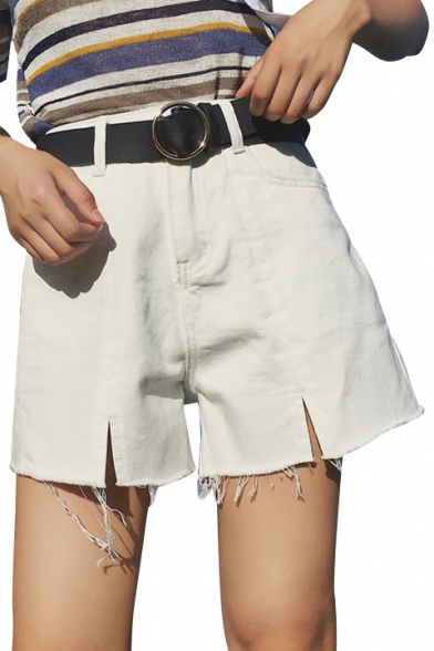 Fancy Chic Plain Ripped Off Detail High Waist Zipper Fly Denim Shorts