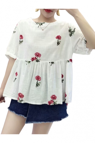 Floral Embroidered Round Neck Short Sleeve Blouse