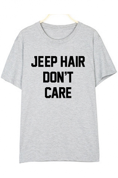 

Natural Letter JEEP HAIR DON'T CARE Print Round Neck Short Sleeves Summer Tee, LC469590