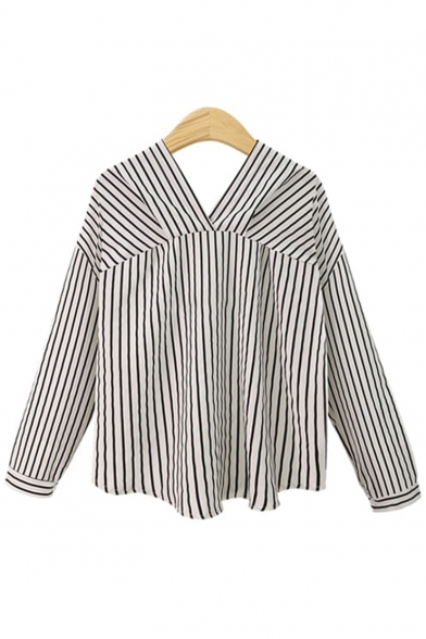 New Trendy V Neck Striped Printed Buttons Down Long Sleeve Shirt