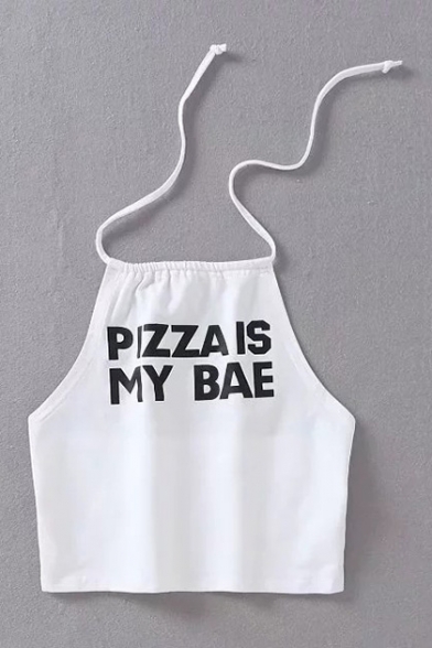 PIZZA IS MY BAE Letter Printed Halter Sleeveless Crop Cami