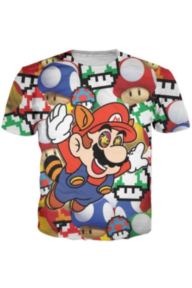 Popular Cartoon Mushroom Game Print Round Neck Short Sleeves Casual T-shirt