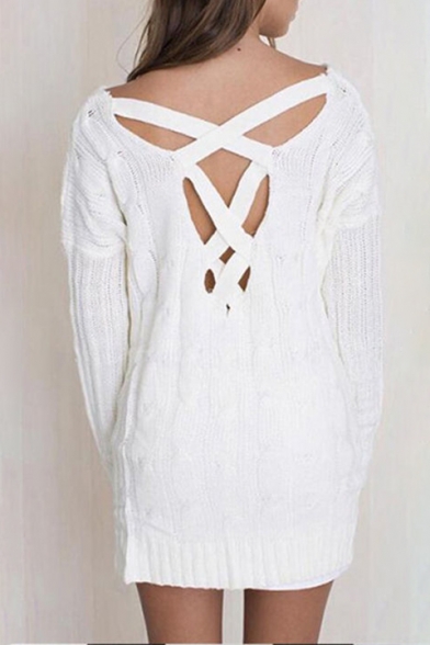 Popular Plain Lace-up Hollow Back Long Sleeve Dipped Hem Loose Pullover Sweater