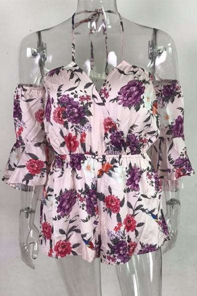 Sexy Floral Printed Off The Shoulder 3/4 Length Sleeve Chic Romper