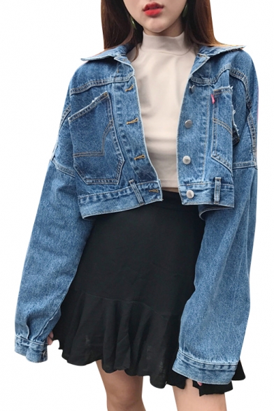 Spring Fashion Single Breasted Lapel Long Sleeve Pocket Detail Cropped Denim Jacket