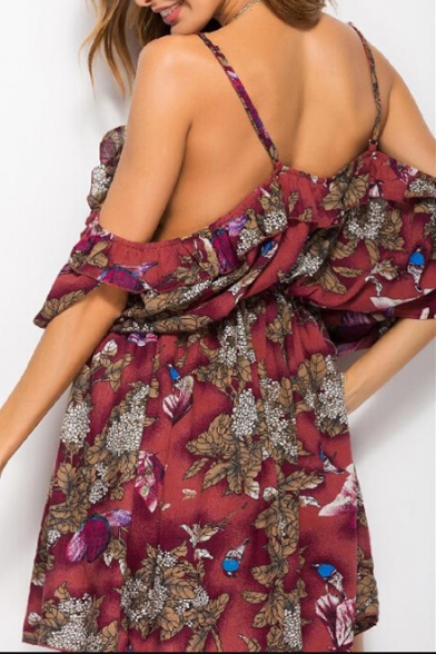 Stylish Leaf Floral Print Off the Shoulder Mini A-line Summer Dress