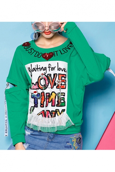 Stylish Letter Printed Sequined Chain Embellished Round Neck Long Sleeve Pullover Sweatshirt