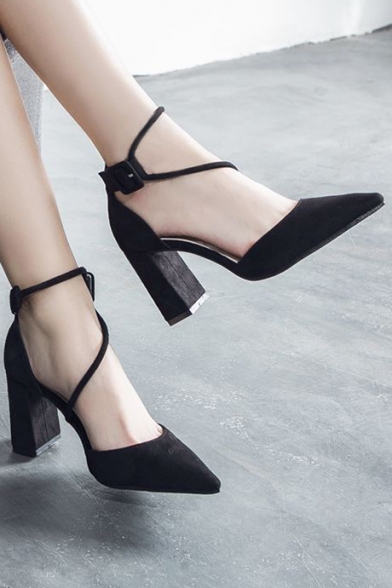 Top Design Strappy Detail Ankle Tied High Block Heel Pointed Shoes