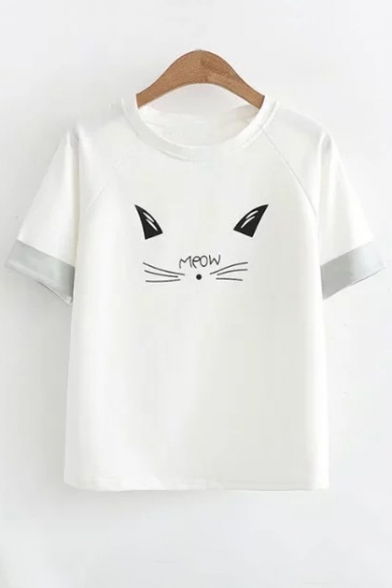 Trendy Letter Cat Print Contrast Cuff Round Neck Short Sleeves Summer T-shirt