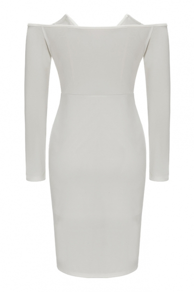 Trendy Plain Off the Shoulder Long Sleeve Mini Pencil Spring Dress