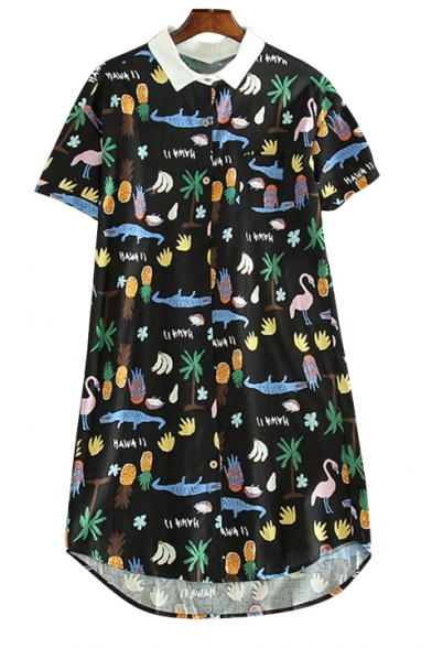 Animal Fruit Printed Contrast Lapel Collar Short Sleeve Midi Shirt Dress