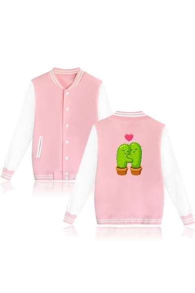 Cactus Heart Printed Back Color Block Buttons Down Long Sleeve Baseball Jacket
