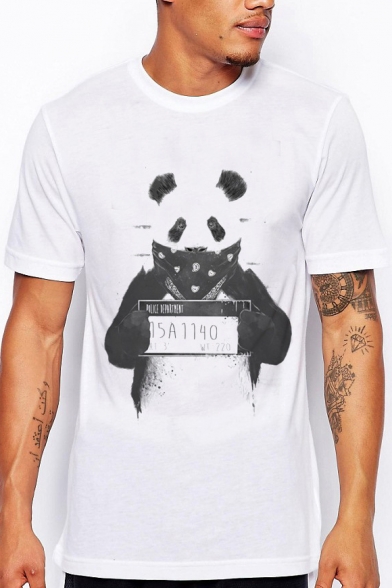 Cool Panda Letter Print Round Neck Short Sleeves Casual Tee