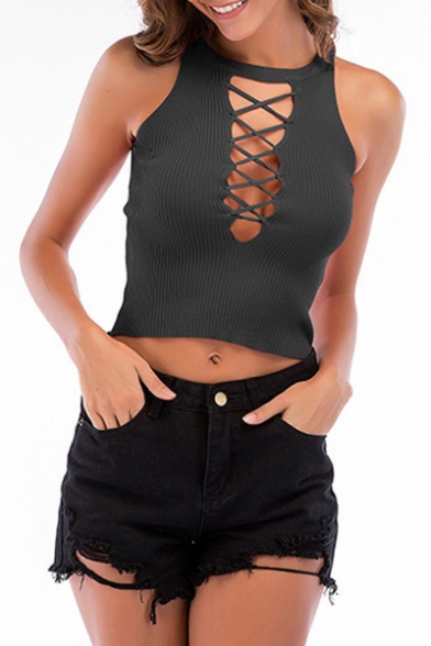 Crisscross Hollow Out Round Neck Sleeveless Crop Ribbed Tank