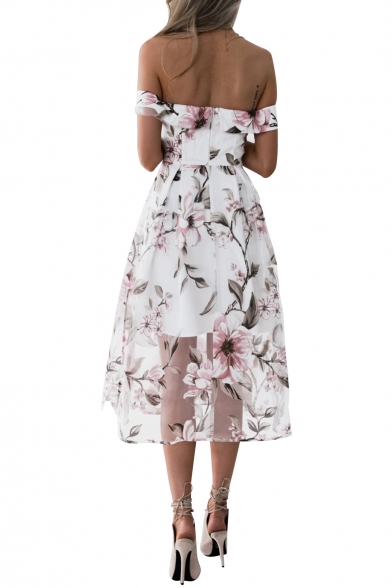 Floral Pattern Patchwork Off the Shoulder Stylish Midi A-line Dress