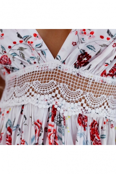 Floral Printed Halter Crochet Embellished Hollow Out Back Mini A-Line Dress