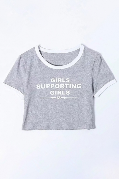 GIRLS SUPPORTING GIRLS Letter Printed Contrast Trim Short Sleeve Crop Tee