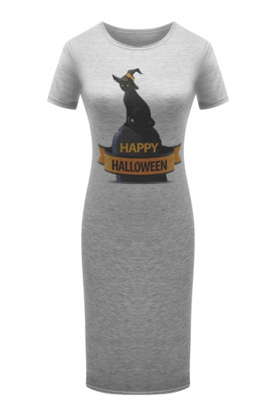 HAPPY HALLOWEEN Cat Printed Round Neck Short Sleeve Slim T-Shirt Dress