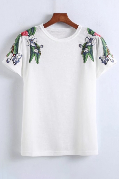 Hot Style Floral Embroidery Round Neck Short Sleeves Casual Tee