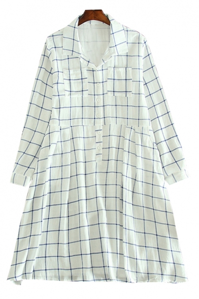 Leisure Plaid Printed Lapel Collar Long Sleeve Buttons Down Midi Shirt Dress