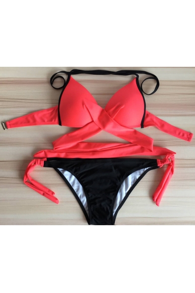 New Arrival Popular Color Block Sexy Halter Hollow Out Bikini