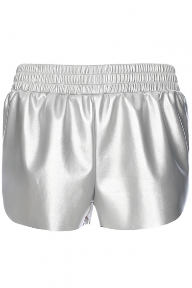 Plain PU Elastic Waist Loose Shorts