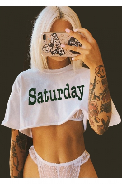 

SATURDAY Letter Printed Round Neck Short Sleeve Crop Tee, LC470605