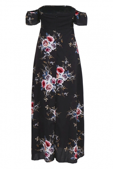Sexy Floral Printed Off The Shoulder Short Sleeve Maxi A-Line Dress