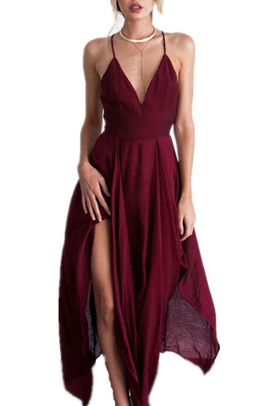 Spaghetti Straps Sleeveless V Neck Split Front Asymmetric Hem Plain Maxi Cami Dress