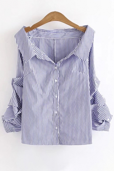 Striped Printed Lapel Collar Ruched Sleeve Buttons Down Shirt