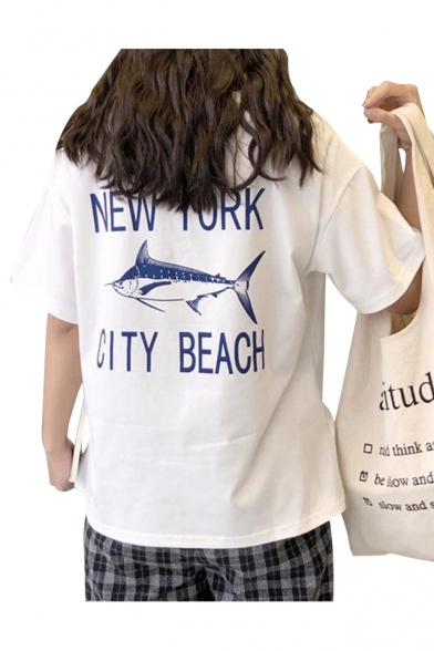 Unique Fish Letter NEW YORK CITY BEACH Print Round Neck Short Sleeves Casual Tee