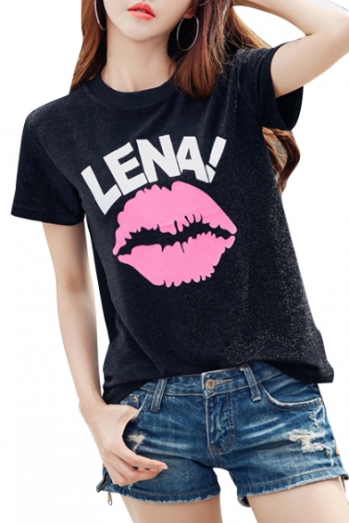 Unique LENA Letter Mouth Lips Print Round Neck Short Sleeves Casual Tee