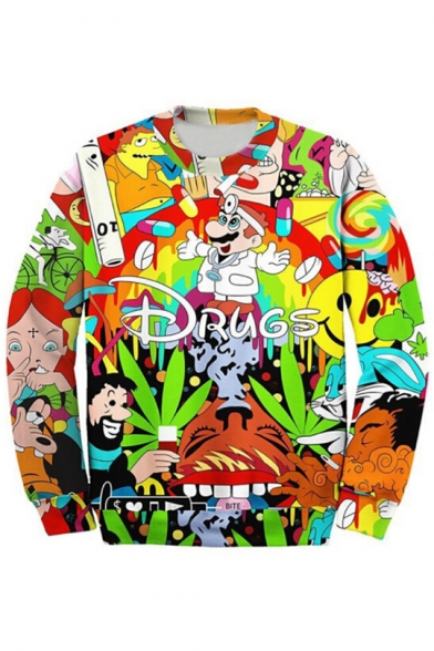 Cartoon Character Letter Printed Round Neck Long Sleeve Pullover Sweatshirt
