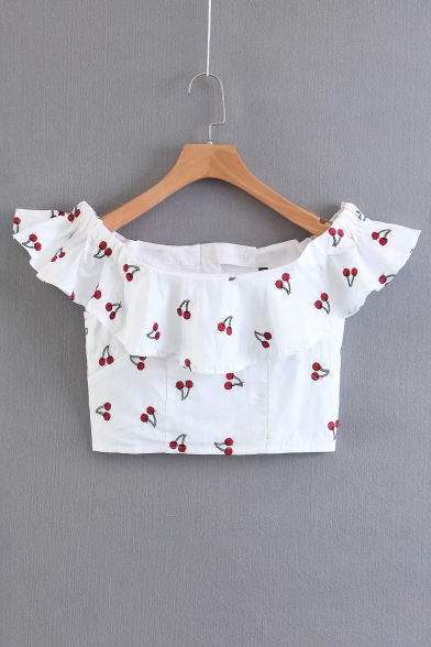 Chic Cherry Embroidered Off The Shoulder Short Sleeve Zipper Back Tee