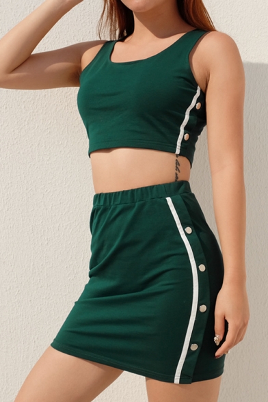 Contrast Striped Buttons Down Side Round Neck Sleeveless Crop Top with Mini Bodycon Skirt