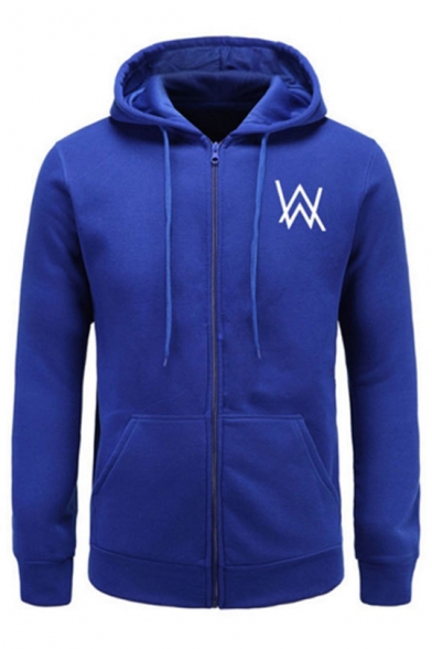 Cool W Letter Print Long Sleeves Zippered Hoodie with Pockets