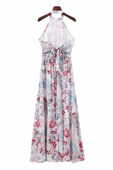 Halter Floral Printed Sleeveless Hollow Out Back Maxi A-Line Dress