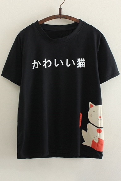 Japanese Cat Printed Round Neck Short Sleeve Tee