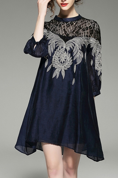 Lace Insert Leaf Pattern Embroidered Round Neck 3/4 Length Sleeve Mini A-Line Dress