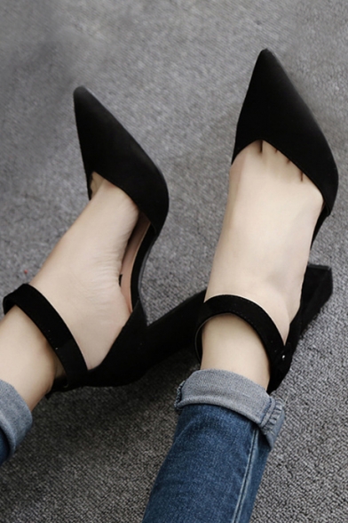 Ladylike Ankle Buckle Tied Detail Plain High Block Heel Pointed Shoes