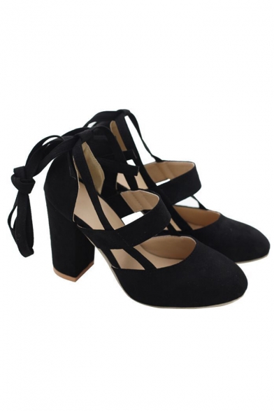 Ladylike Lace-up Detail Strappy Design Plain High Heel Shoes