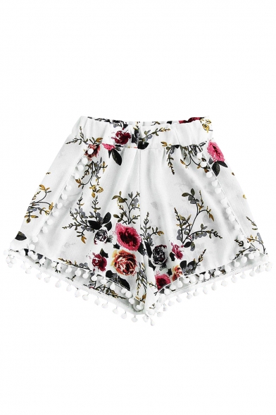 Pom Pom Embellished Floral Printed Elastic Waist Loose Shorts